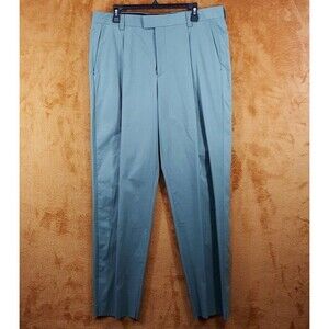 HUGO BOSS Pants Mens Sz 36 Green Pleated Lightweight Regular Fit Unfinished Hem